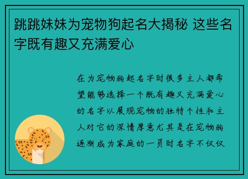 跳跳妹妹为宠物狗起名大揭秘 这些名字既有趣又充满爱心