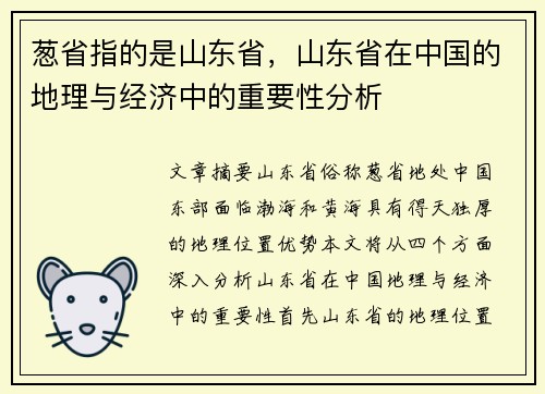 葱省指的是山东省，山东省在中国的地理与经济中的重要性分析